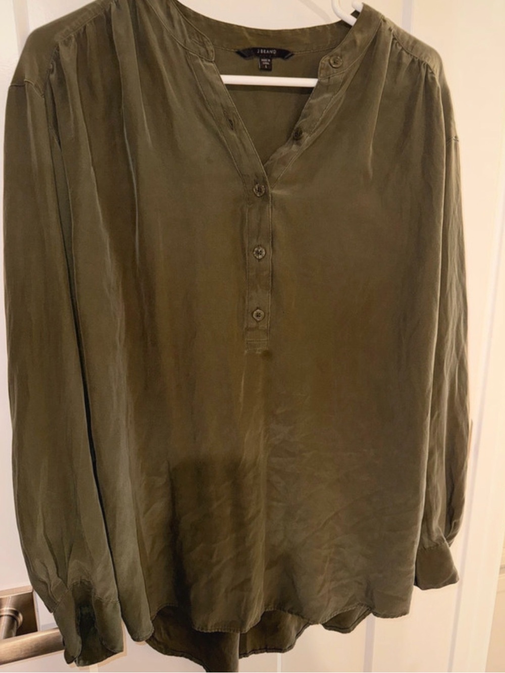 J Brand Olive Green Long Sleeve Button 100% silk  Blouse
